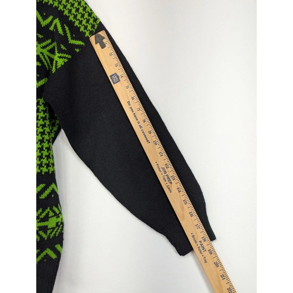 World‎ Trade Knits Vintage Neon Green Black Geometric Houndstooth Sweater USA